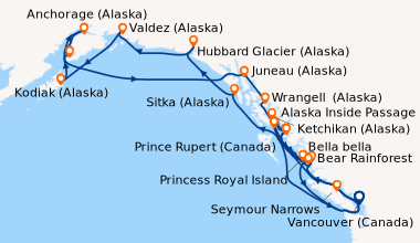 Itinéraire de la croisière Vancouver (Canada), Alaska Inside Passage, Se...
