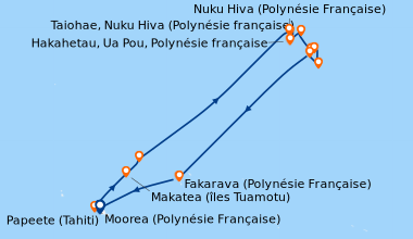 Itinéraire de la croisière Douceur polynésienne : Marquises, Tuamotu et îles de la Société