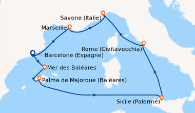 Itinéraire de la croisière Espagne, Italie, France