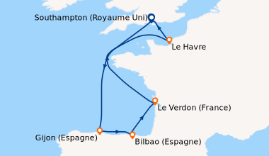 Itinéraire de la croisière Southampton (Royaume Uni) , En mer, Gijon (Es...