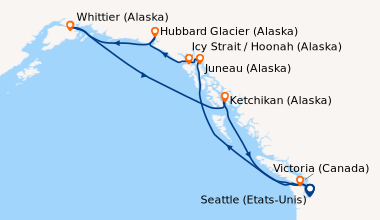 Itinéraire de la croisière Seattle (Etats-Unis), En mer, Juneau (Alaska)...