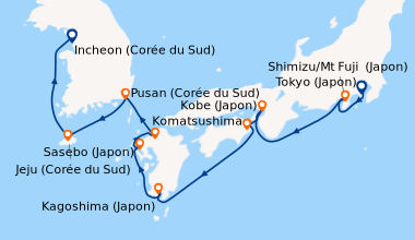 Itinéraire de la croisière Tokyo (Japon), Shimizu/Mt Fuji  (Japon), Kobe...