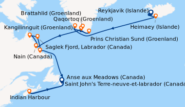 Itinéraire de la croisière Reykjavik (Islande), Heimaey (Islande), Heima...