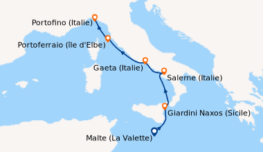 Itinéraire de la croisière Malte (La Valette), Giardini Naxos (Sicile), ...