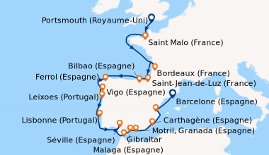 Itinéraire de la croisière Portsmouth (Royaume-Uni), Saint Malo (France)...