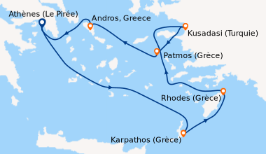 Itinéraire de la croisière Athènes (Le Pirée), En mer, Rhodes (Grèce), E...