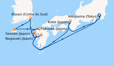 Itinéraire de la croisière Yokohama (Tokyo), En mer, Kobe (Japon), En me...