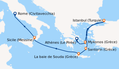 Itinéraire de la croisière Athènes (Le Pirée), Mykonos (Grèce), En mer, ...
