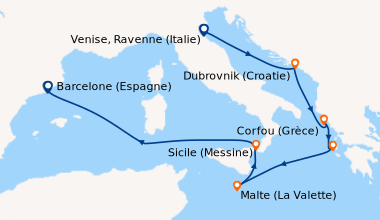Itinéraire de la croisière Venise, Ravenne (Italie), Dubrovnik (Croatie)...