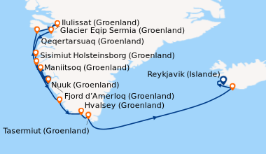 Itinéraire de la croisière Nuuk (Groenland), Maniitsoq (Groenland), Côte...