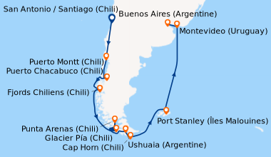 Itinéraire de la croisière San Antonio / Santiago (Chili), En mer, Puert...
