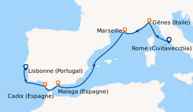 Itinéraire de la croisière Rome (Civitavecchia), Gênes (Italie), Marseil...
