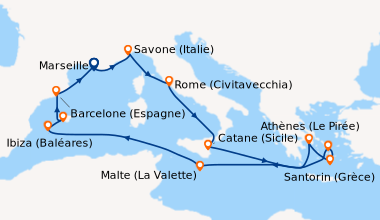 Itinéraire de la croisière Soleil, îles & trésors de Méditerranée