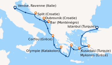 Itinéraire de la croisière Istanbul (Turquie), Kusadasi (Turquie), Mykon...