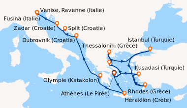 Itinéraire de la croisière Athènes (Le Pirée), En mer, Volos (Grèce), Th...
