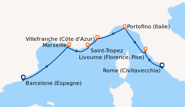 Itinéraire de la croisière Barcelone (Espagne), Marseille, Saint-Tropez,...