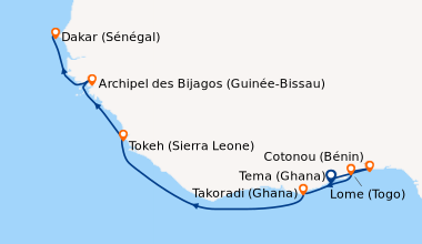Itinéraire de la croisière Tema (Ghana), Cotonou (Bénin), Lome (Togo), T...