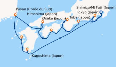 Itinéraire de la croisière Tokyo (Japon), Osaka (Japon), Cochin (Inde), ...