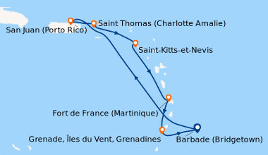 Itinéraire de la croisière Barbade (Bridgetown), En mer, San Juan (Porto...