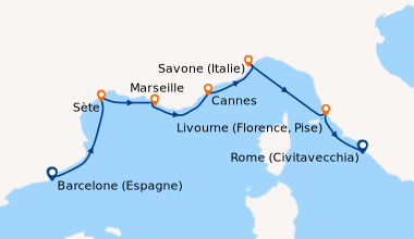 Itinéraire de la croisière Barcelone (Espagne), Sète, Marseille, Cannes,...