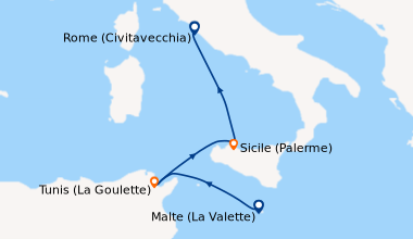 Itinéraire de la croisière Malte (La Valette), Tunis (La Goulette), Sici...