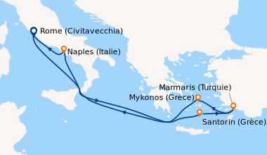 Itinéraire de la croisière Rome (Civitavecchia), En mer, Mykonos (Grèce)...