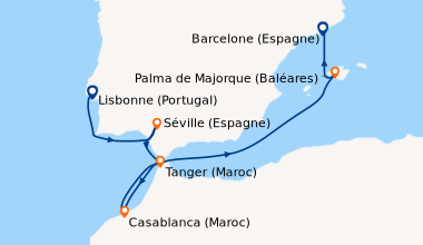 Itinéraire de la croisière Lisbonne (Portugal), En mer, Séville (Espagne...