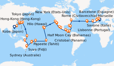 Itinéraire de la croisière Italie, France, Espagne, Portugal, Açores, États-Unis, Floride (USA), Mexique, États-Unis, Hawaii, Polynésie, Fiji, Australie