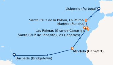 Itinéraire de la croisière Lisbonne (Portugal), En mer, Madère (Funchal)...