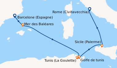 Itinéraire de la croisière Espagne, Tunisie, Italie