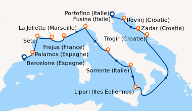 Itinéraire de la croisière Barcelone (Espagne), Palamos (Espagne), Sète,...