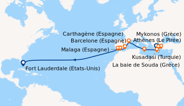 Itinéraire de la croisière Athènes (Le Pirée), Kusadasi (Turquie), Mykon...