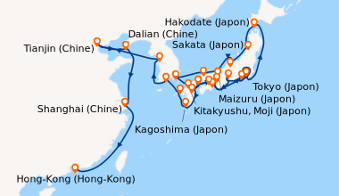 Itinéraire de la croisière Tokyo (Japon), En mer, Hakodate (Japon), Saka...
