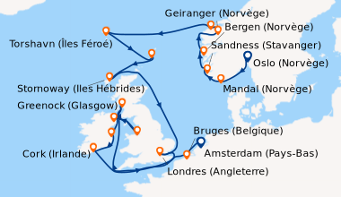 Itinéraire de la croisière Oslo (Norvège), Mandal (Norvège), Stavanger (...