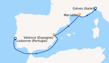 Itinéraire de la croisière Gênes (Italie), Marseille, Valence (Espagne),...