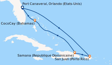 Itinéraire de la croisière Port Canaveral, Orlando (Etats-Unis), En mer,...