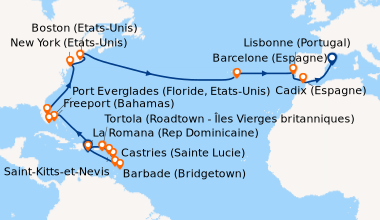 Itinéraire de la croisière Rép.Dominicaine, Antilles, Iles Vierges, Bahamas, Floride (USA), États-Unis, Açores, Portugal, Espagne