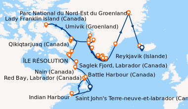 Itinéraire de la croisière Saint John's Terre-neuve-et-labrador (Canada)...