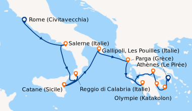 Itinéraire de la croisière Civilisations antiques, de l’Italie à la Grèce