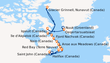 Itinéraire de la croisière Des côtes sauvages du Groenland à la côte est du Canada