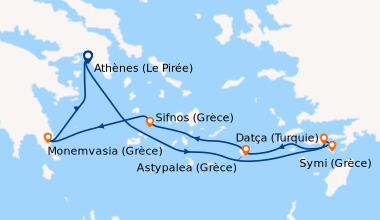 Itinéraire de la croisière Athènes (Le Pirée), En mer, Datça (Turquie), ...