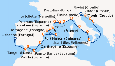 Itinéraire de la croisière Lisbonne (Portugal), En mer, Tanger (Maroc), ...