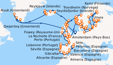 Itinéraire de la croisière Barcelone (Espagne), Palamos (Espagne), Sète,...