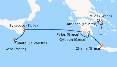 Itinéraire de la croisière Athènes (Le Pirée), Milos (Grèce), Gythion (G...