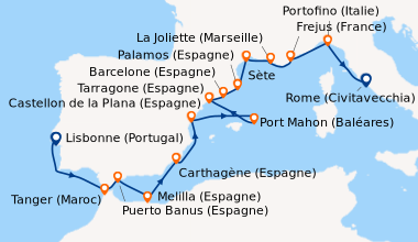 Itinéraire de la croisière Lisbonne (Portugal), En mer, Tanger (Maroc), ...
