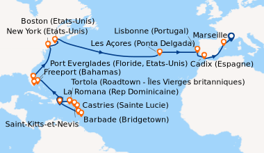 Itinéraire de la croisière Rép.Dominicaine, Antilles, Iles Vierges, Bahamas, Floride (USA), États-Unis, Açores, Portugal, Espagne, France