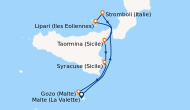 Itinéraire de la croisière Malte (La Valette), En mer, Lipari (Iles Eoli...