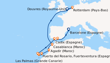 Itinéraire de la croisière Douvres (Royaume-Uni), Rotterdam (Pays-Bas), ...