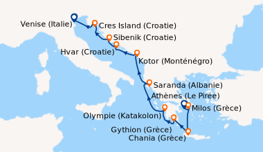 Itinéraire de la croisière Athènes (Le Pirée), Milos (Grèce), Gythion (G...