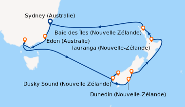 Itinéraire de la croisière Sydney (Australie), Eden (Australie), Melbour...